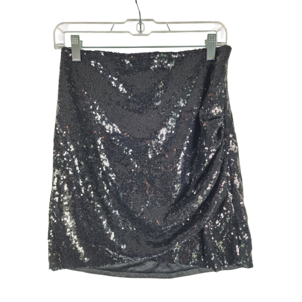 Anna-Kaci Women NWT L Black Sequin Mini Skirt Ruched Wrap Sparkle Party Club Y2K
